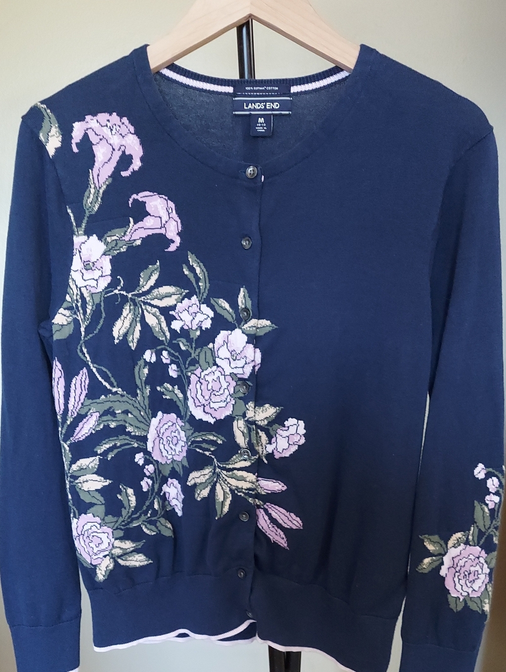 Lands' End Navy Floral Button-Up Sweater Cardigan Sz M 100% Supima Cotton